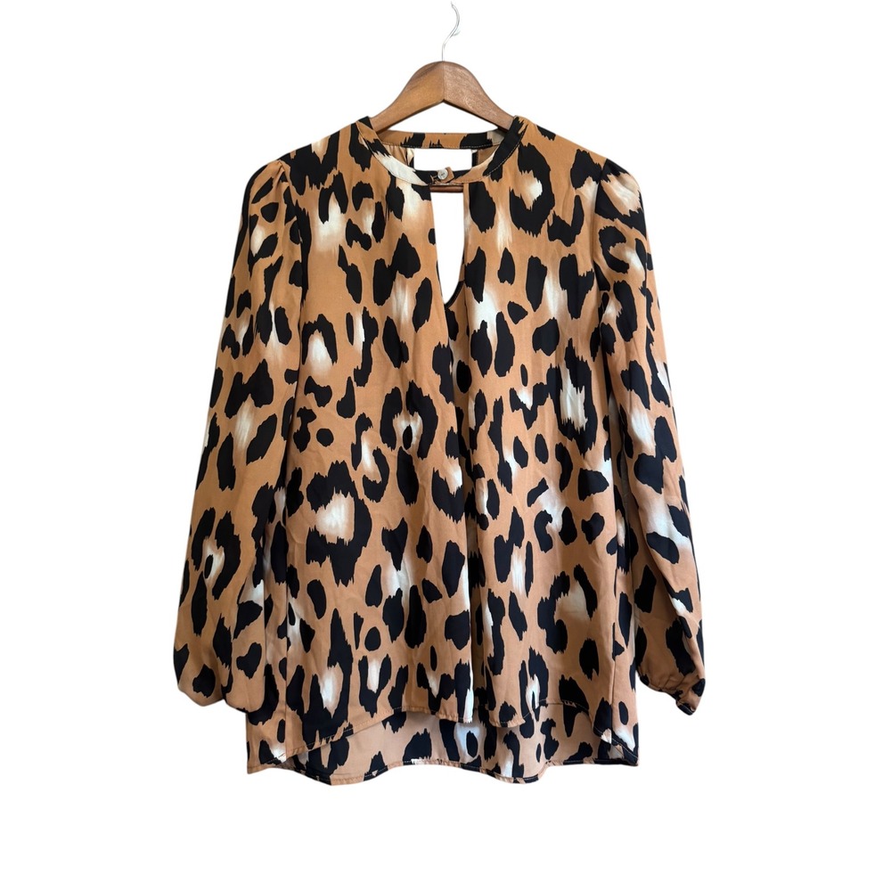 Impressions Blouse Women Medium Tan Leopard Print Excellent Keyhole Long Sleeve